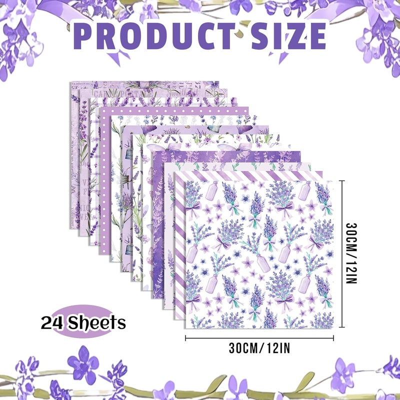 Feivando 24 Sheets Lavender Scrapbook Paper 12'' × 12'' Double-Sided Purple Flower Butterfly Pattern Paper Floral Decorative Decoupage Cardstock for DIY Card Craft Making Scrapbook Supplies - Image 2